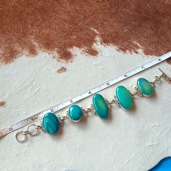 Stunning 925 Silver Green Agate Bracelet - Picture 9 of 10